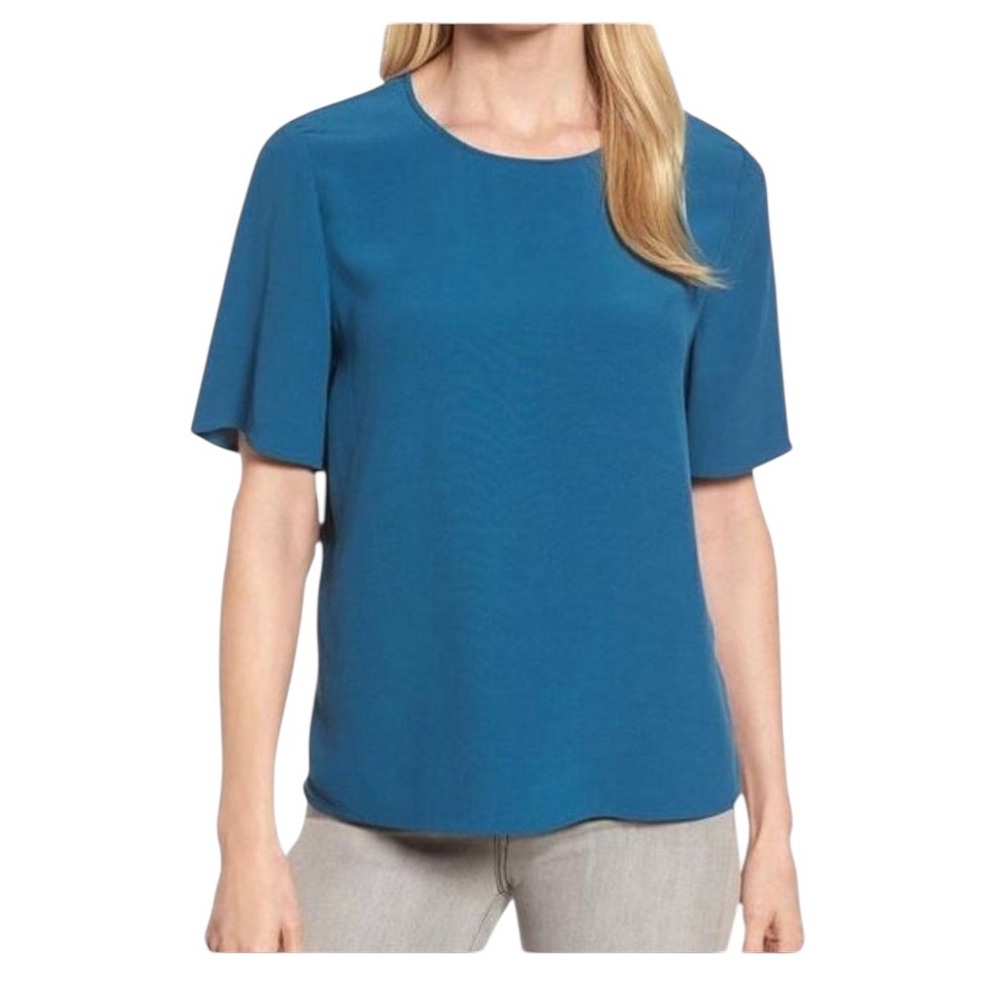 Eileen Fisher Teal Blue Short Sleeve Crewneck Blouse L/G